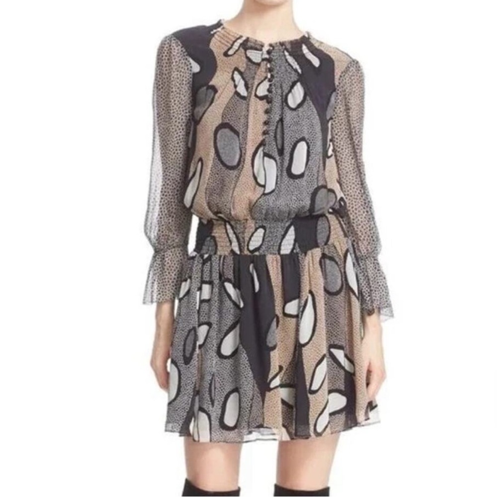 Diane Von Furstenberg DVF Kelley Brown Black Printed Silk Blouson Mini Dress 8